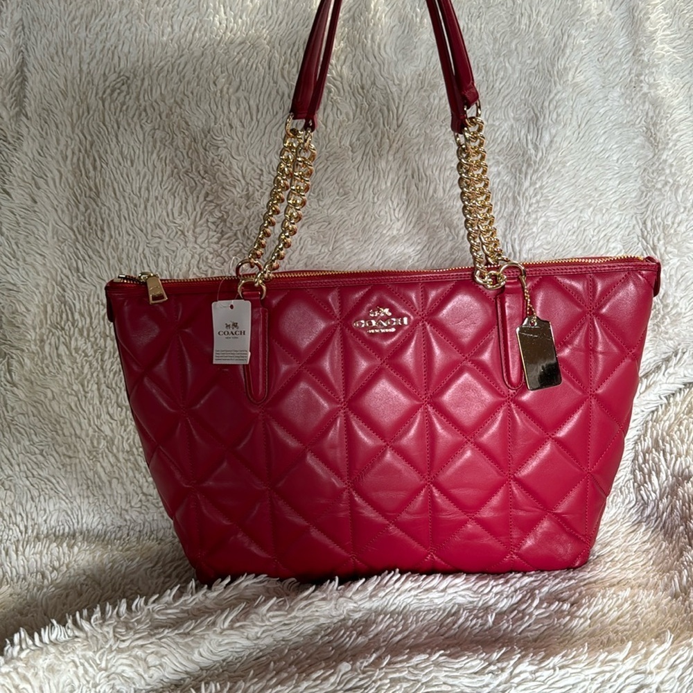 ❤️- NWT Coach Ava Chain Tote Carryall Red Quilted Leather Large Shoulder… - Picture 3 of 16